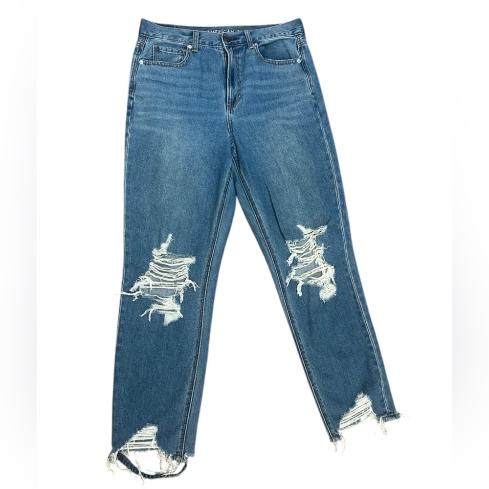 American Eagle Medium Blue Distressed Mom Jean Raw Hem Women’s Size 8 Regular